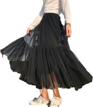 WomenS Skirt Midi Elastic High Waist Pleated Mesh Flowy A-Line Party Long Skirts