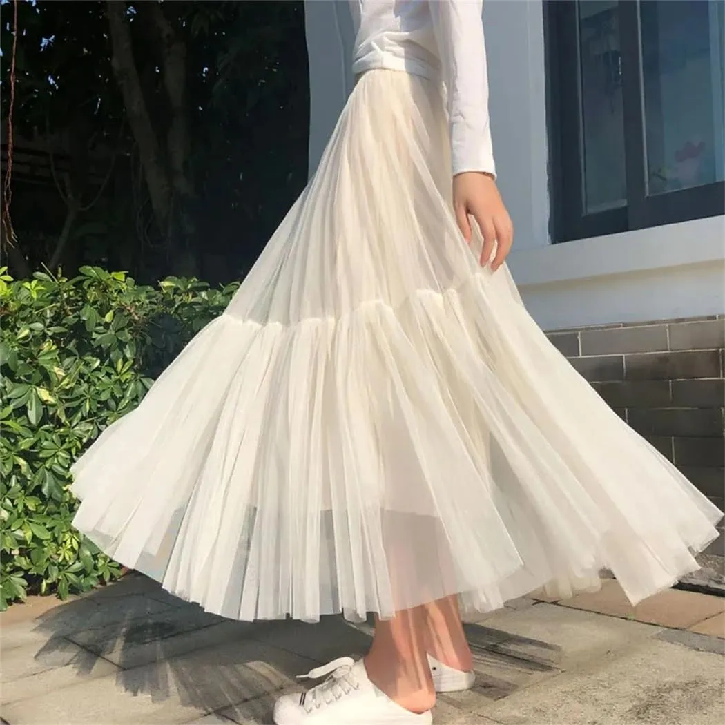 WomenS Skirt Midi Elastic High Waist Pleated Mesh Flowy A-Line Party Long Skirts