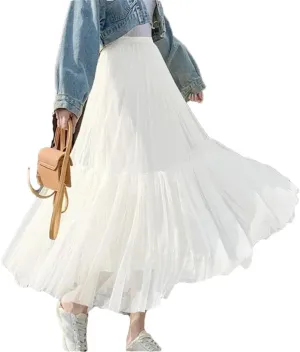 WomenS Skirt Midi Elastic High Waist Pleated Mesh Flowy A-Line Party Long Skirts
