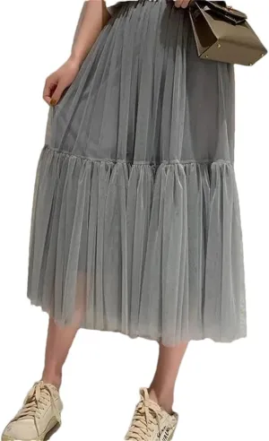 WomenS Skirt Midi Elastic High Waist Pleated Mesh Flowy A-Line Party Long Skirts