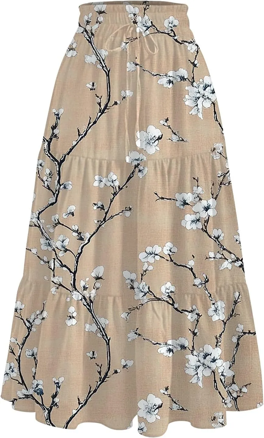 Women's Skirt 's 2025 Bohemian Ditzy Floral Printed Stretch Waist Midi Legth Skirt with Pockets, S-2XL