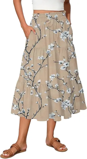 Women's Skirt 's 2025 Bohemian Ditzy Floral Printed Stretch Waist Midi Legth Skirt with Pockets, S-2XL