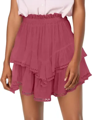 Women's Skirts Trendy 2025 Summer Casual Loose Elastic Waist Solid Color Pleated Sun Tennis Beach Skirt, S-2XL