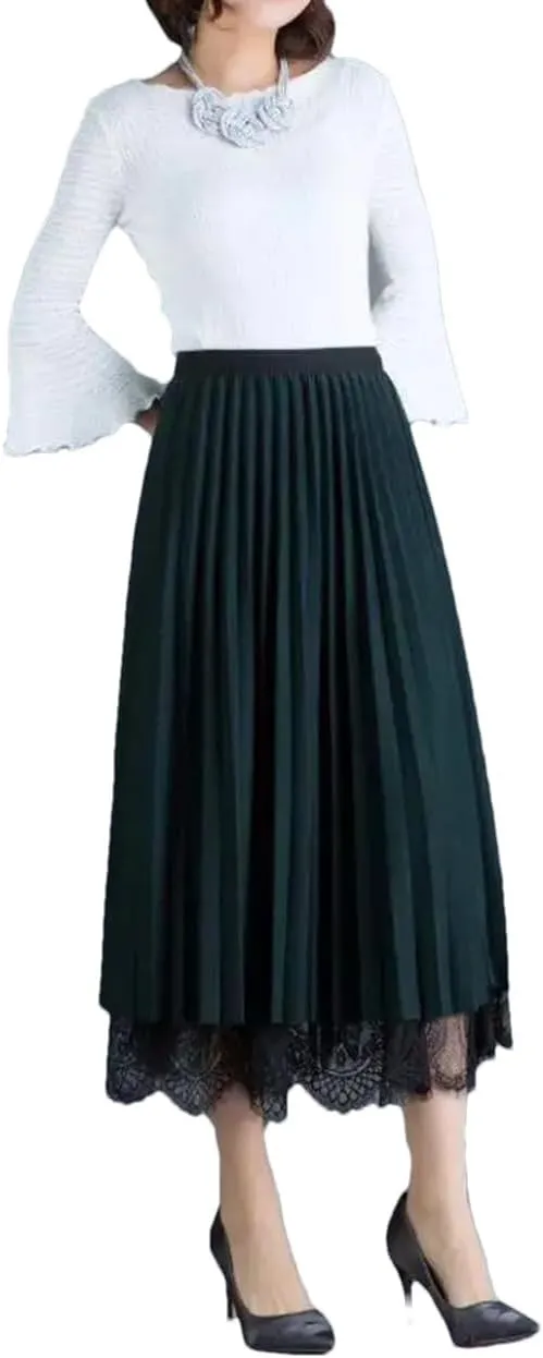 Women's Spring Vintage Lace Gauze Floral Loose Midi High-Waisted Skirts Female Clothing