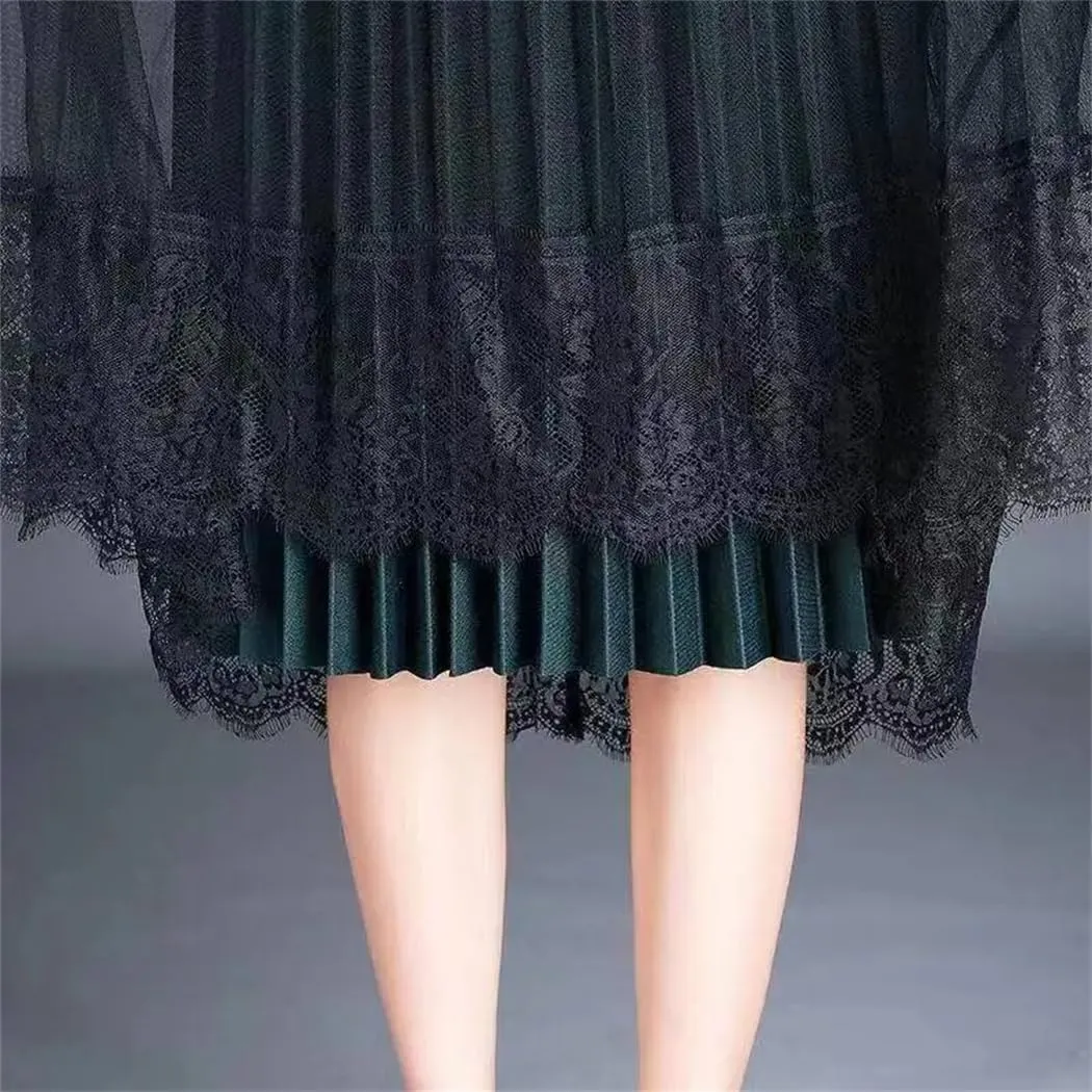 Women's Spring Vintage Lace Gauze Floral Loose Midi High-Waisted Skirts Female Clothing