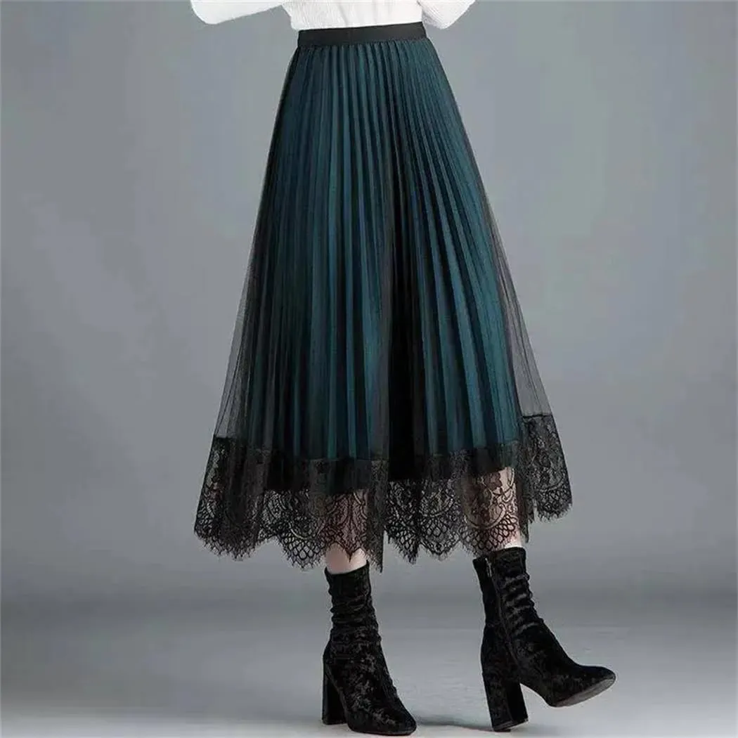 Women's Spring Vintage Lace Gauze Floral Loose Midi High-Waisted Skirts Female Clothing