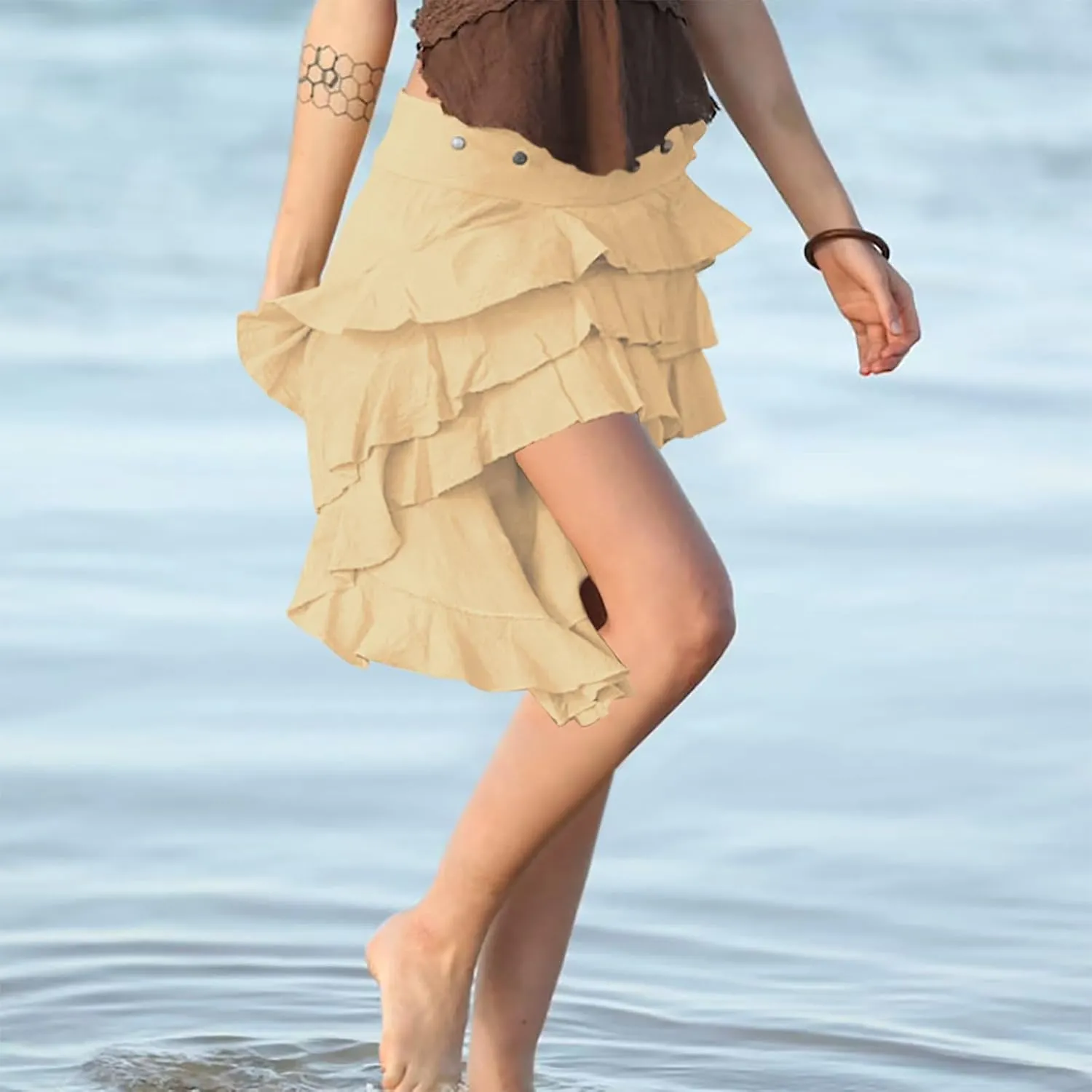 Women's Summer Beach Skirts Irregular Layered Solid Color Skirt High Waisted Flowy Solid Color Button Skirts