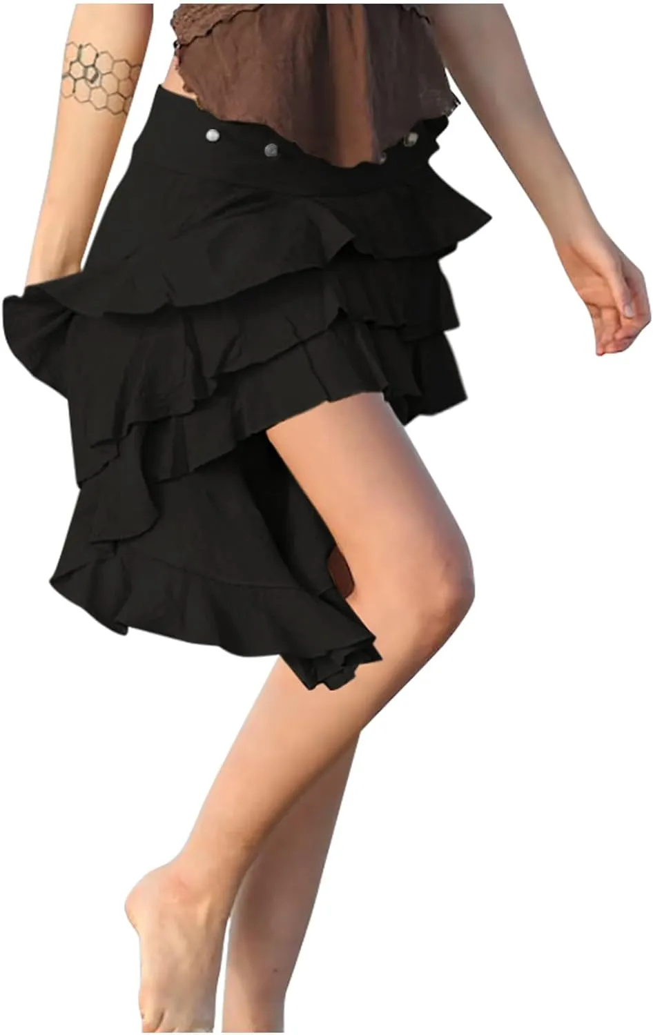 Women's Summer Beach Skirts Irregular Layered Solid Color Skirt High Waisted Flowy Solid Color Button Skirts