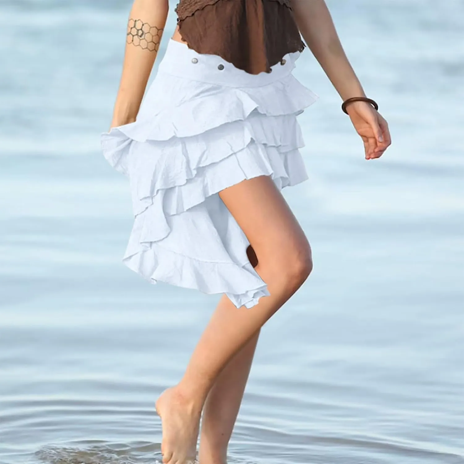 Women's Summer Beach Skirts Irregular Layered Solid Color Skirt High Waisted Flowy Solid Color Button Skirts