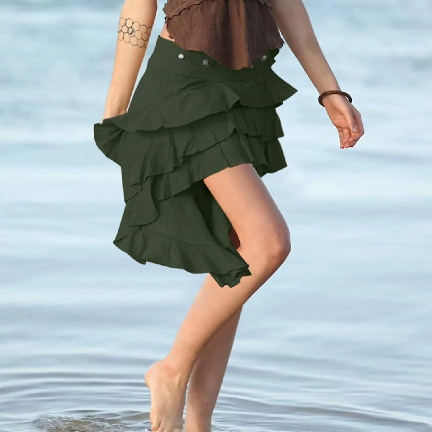 Women's Summer Beach Skirts Irregular Layered Solid Color Skirt High Waisted Flowy Solid Color Button Skirts