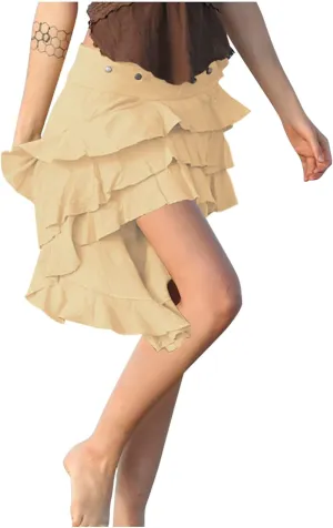 Women's Summer Beach Skirts Irregular Layered Solid Color Skirt High Waisted Flowy Solid Color Button Skirts