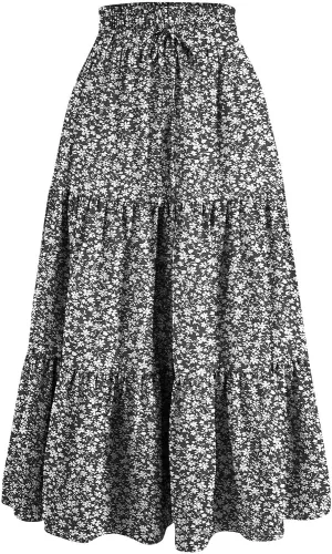 Women's Summer Bohemian Print A-Line Maxi Skirt Elastic Waist High Waist Beach Outfits Casual Tiered Long Skirt