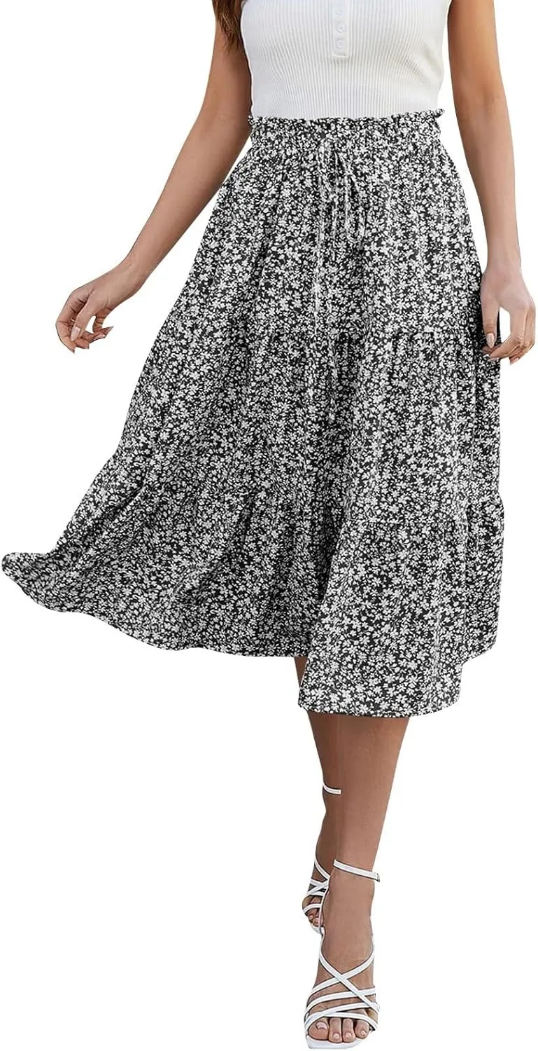 Women's Summer Bohemian Print A-Line Maxi Skirt Elastic Waist High Waist Beach Outfits Casual Tiered Long Skirt