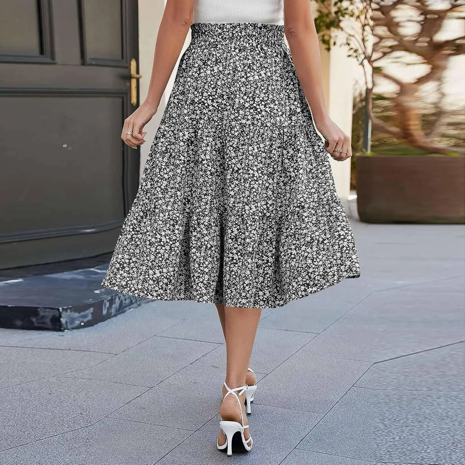 Women's Summer Bohemian Print A-Line Maxi Skirt Elastic Waist High Waist Beach Outfits Casual Tiered Long Skirt