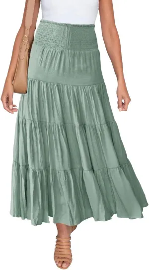 Womens Summer Boho Flowy Tiered A-Line Midi Skirt 2025 Fashion Elastic Waist Pleated Long Beach Skirt