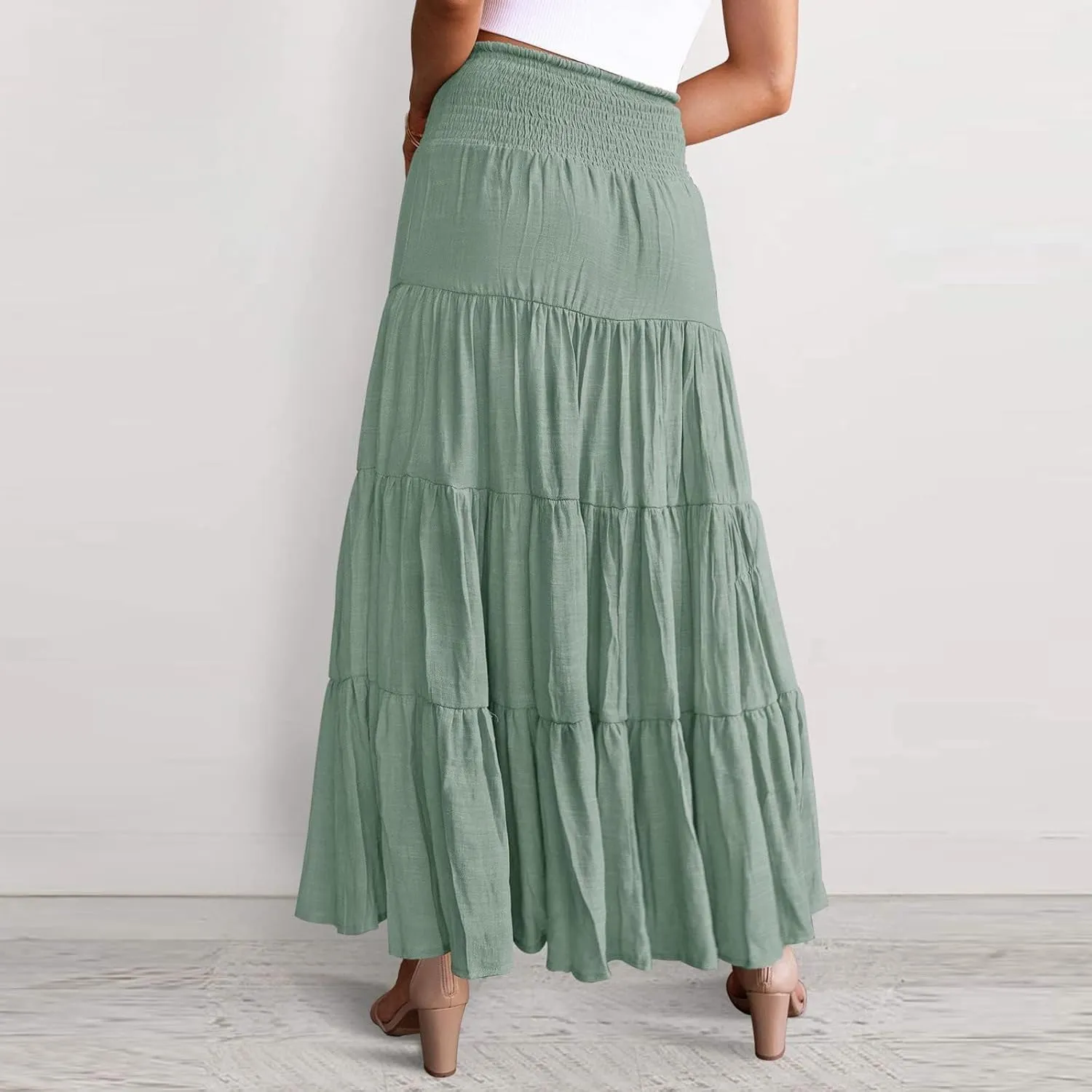 Womens Summer Boho Flowy Tiered A-Line Midi Skirt 2025 Fashion Elastic Waist Pleated Long Beach Skirt