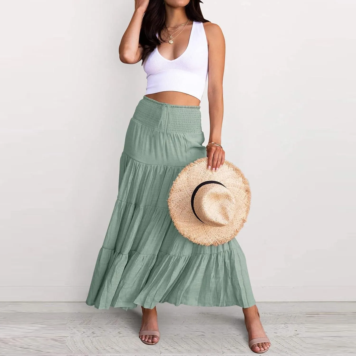 Womens Summer Boho Flowy Tiered A-Line Midi Skirt 2025 Fashion Elastic Waist Pleated Long Beach Skirt