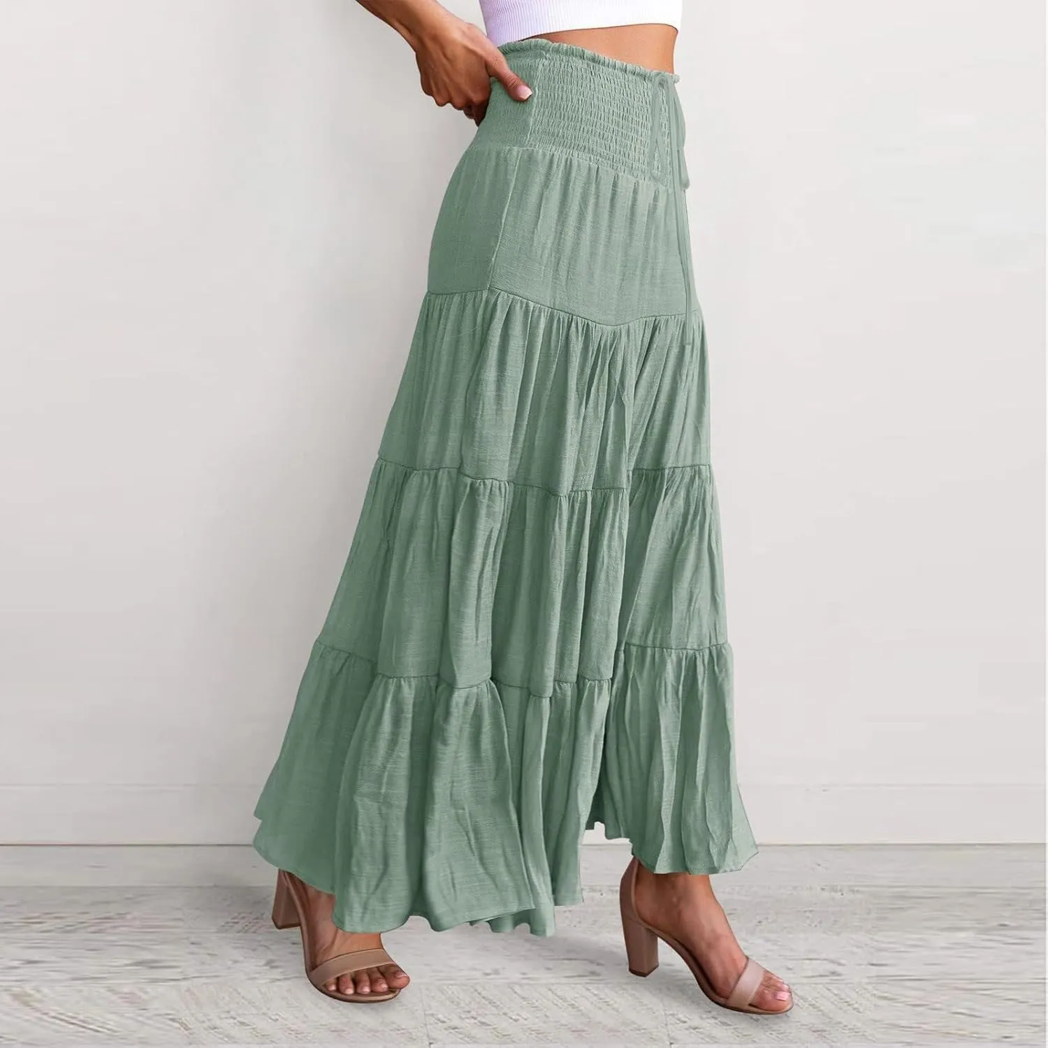 Womens Summer Boho Flowy Tiered A-Line Midi Skirt 2025 Fashion Elastic Waist Pleated Long Beach Skirt