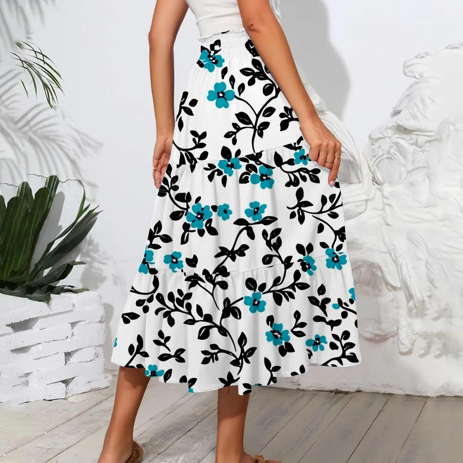 Women's Summer High Waist Tie Floral Print Boho Resort Midi Skirt with Pockets, S-2XL