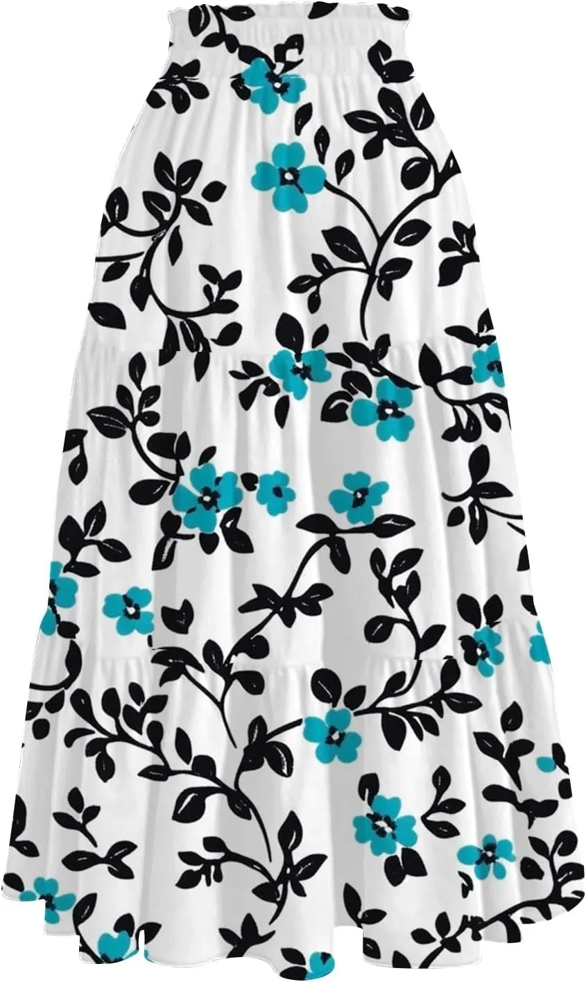Women's Summer High Waist Tie Floral Print Boho Resort Midi Skirt with Pockets, S-2XL