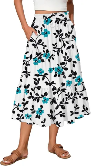 Women's Summer High Waist Tie Floral Print Boho Resort Midi Skirt with Pockets, S-2XL