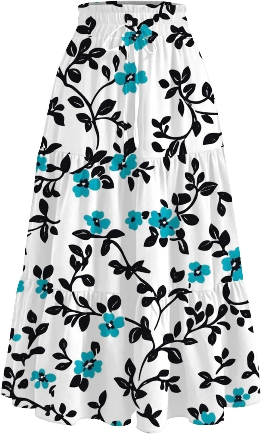 Women's Summer High Waist Tie Floral Print Boho Resort Midi Skirt with Pockets, S-2XL