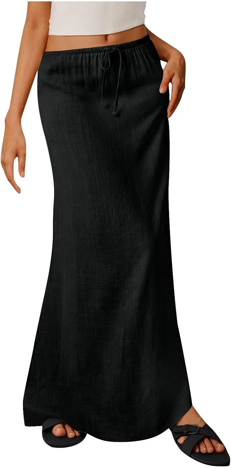 Womens Summer Maxi Skirt Low Rise Lace Up Midi Skirt Casual Long Skirt A Line Lounge Skirt Trendy Beach Skirts