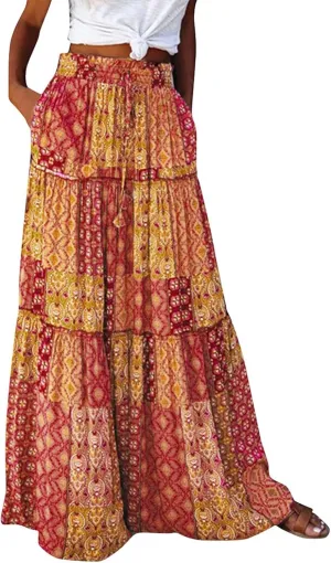 Women's Summer Skirts 2025 Loose Trendy Elastic High Waist Floral Print Boho Sun Beach Long Maxi Skirt, S-2XL