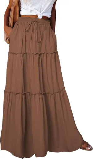 Women's Summer Skirts 2025 Loose Trendy Elastic High Waist Floral Print Boho Sun Beach Long Maxi Skirt, S-2XL