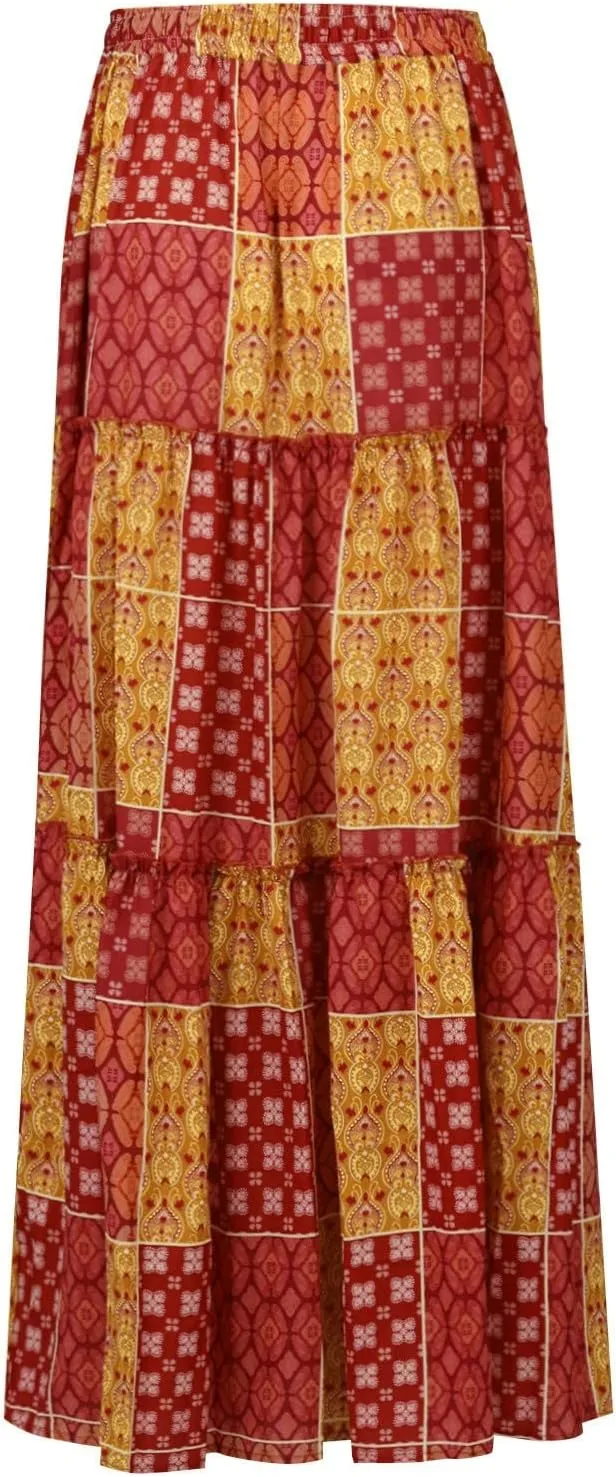 Women's Summer Skirts 2025 Loose Trendy Elastic High Waist Floral Print Boho Sun Beach Long Maxi Skirt, S-2XL