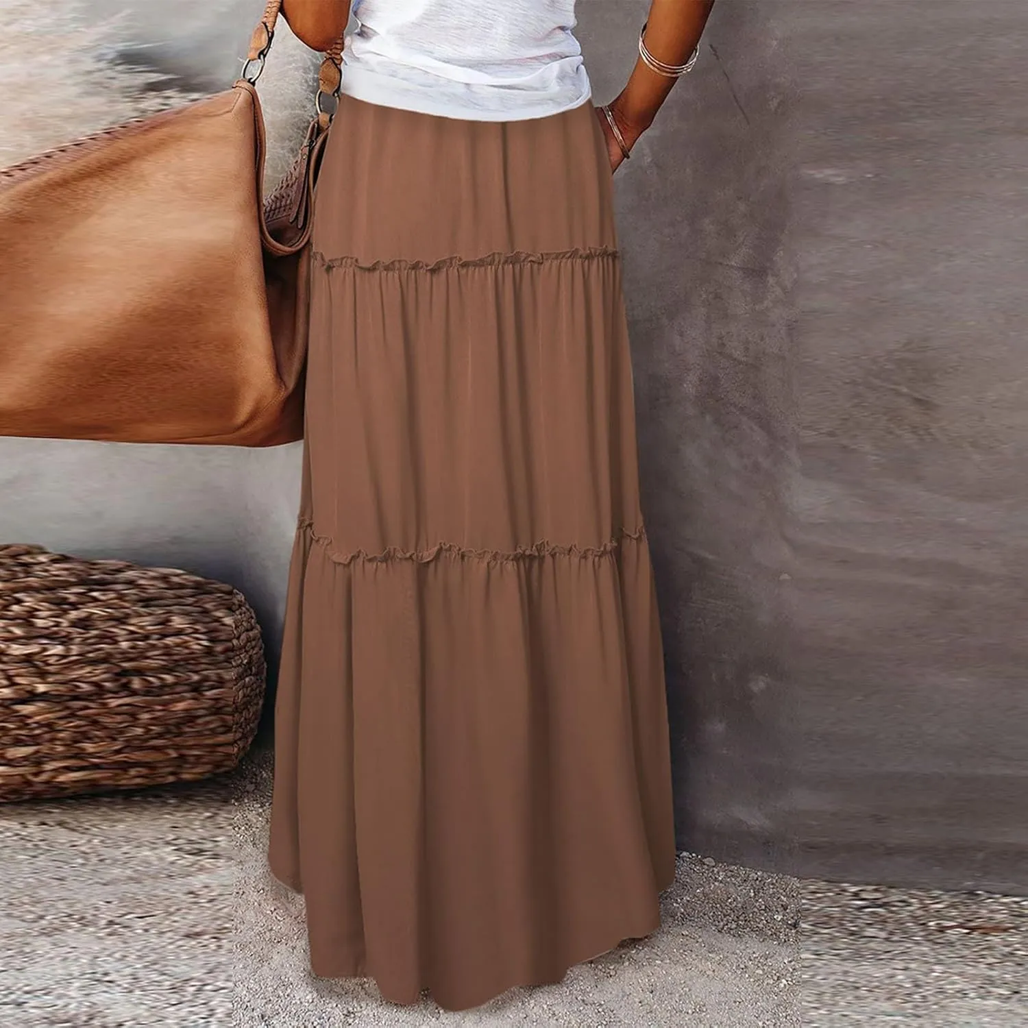 Women's Summer Skirts 2025 Loose Trendy Elastic High Waist Floral Print Boho Sun Beach Long Maxi Skirt, S-2XL