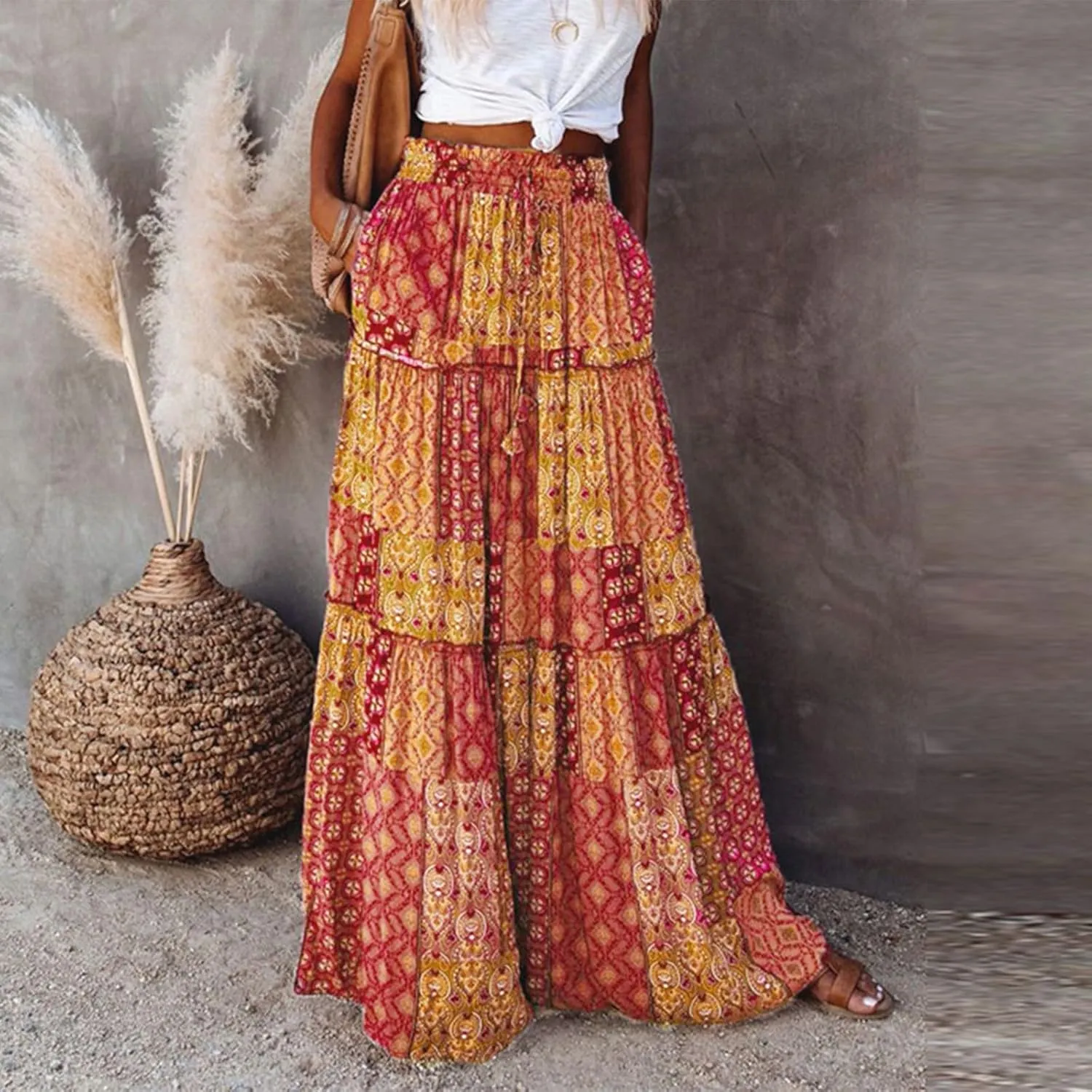 Women's Summer Skirts 2025 Loose Trendy Elastic High Waist Floral Print Boho Sun Beach Long Maxi Skirt, S-2XL