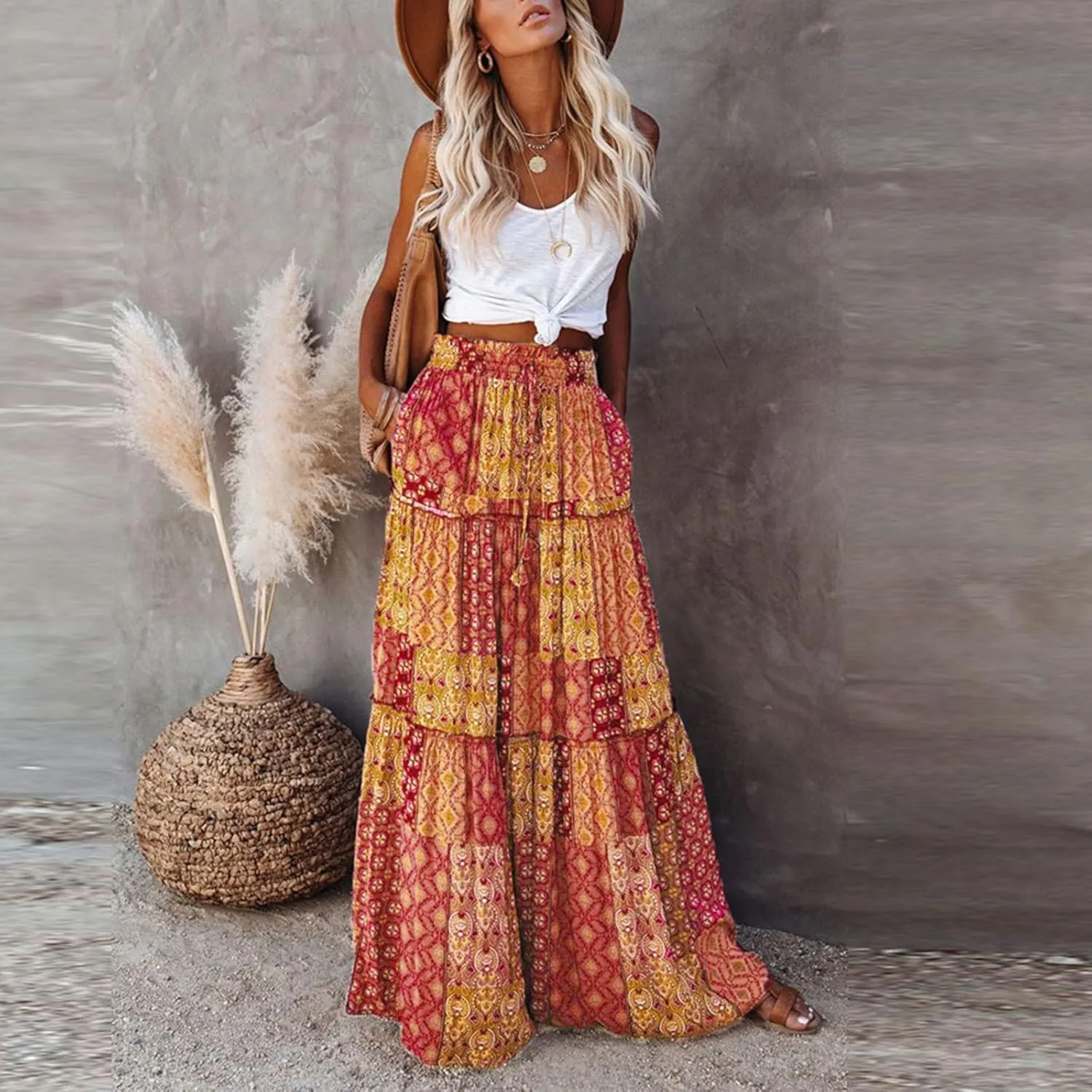 Women's Summer Skirts 2025 Loose Trendy Elastic High Waist Floral Print Boho Sun Beach Long Maxi Skirt, S-2XL