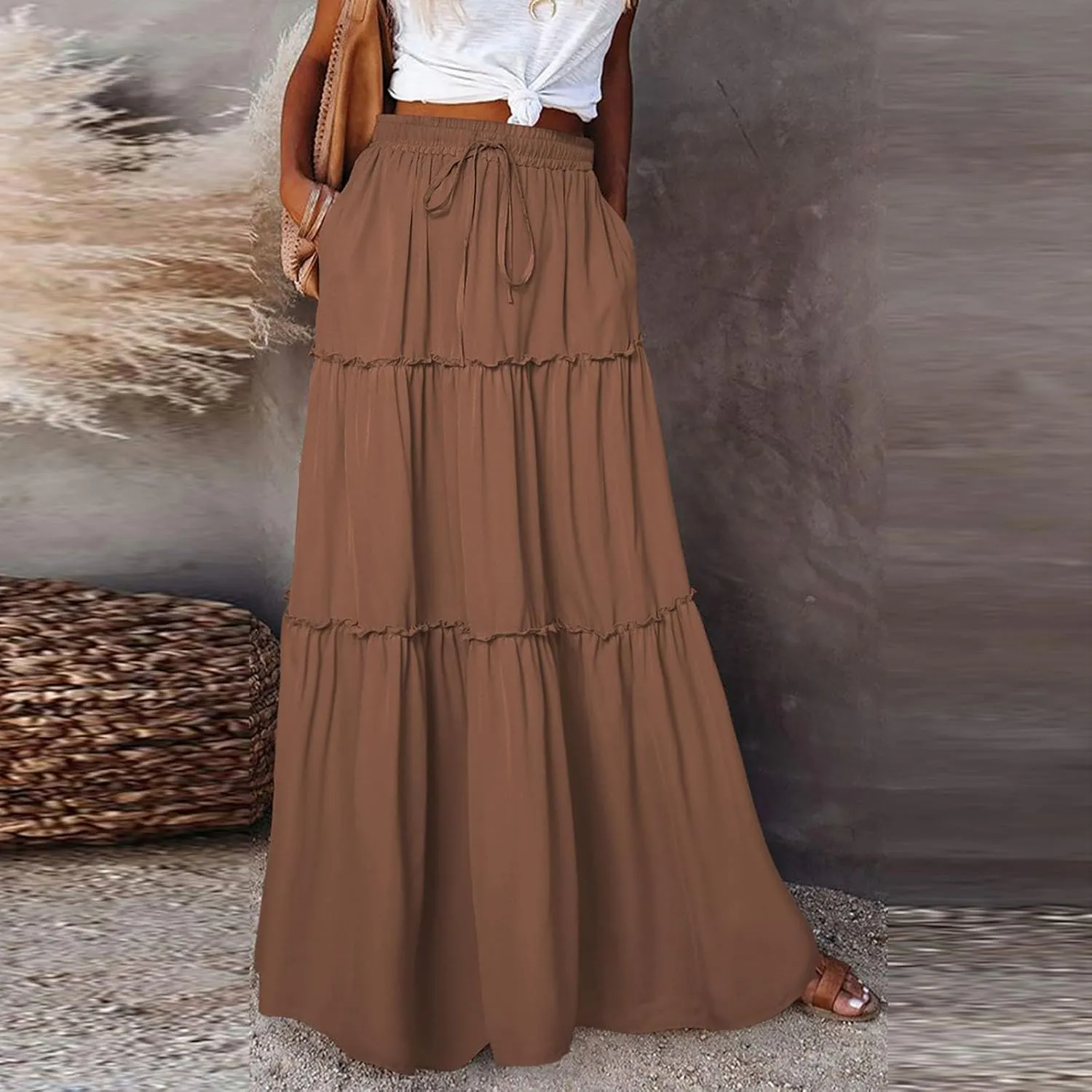 Women's Summer Skirts 2025 Loose Trendy Elastic High Waist Floral Print Boho Sun Beach Long Maxi Skirt, S-2XL