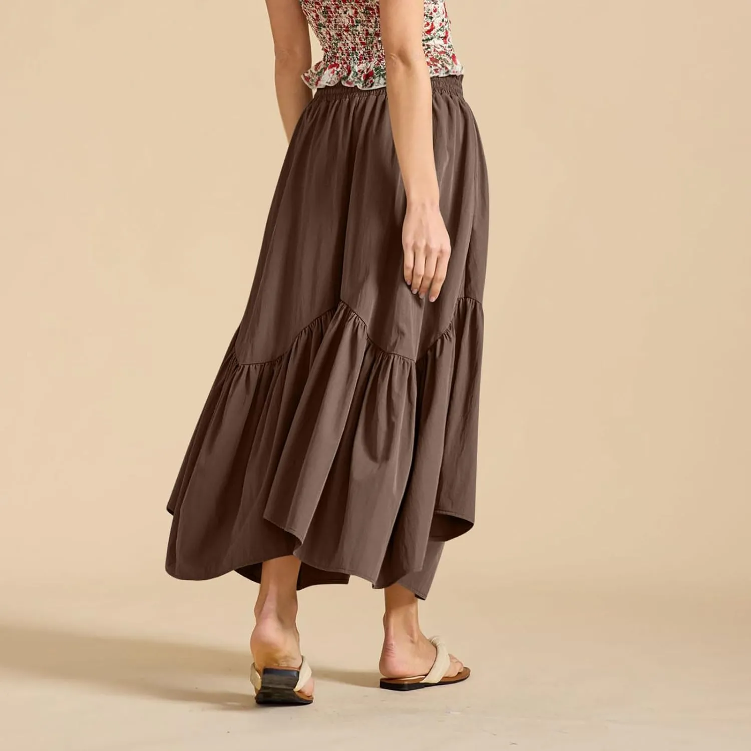Womens Summer Vacation Beach Maxi Skirts Elastic High Waist Tiered Skirt A Line Ruffle Swing Long Dress