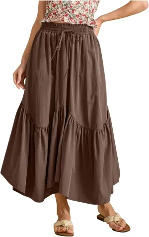 Womens Summer Vacation Beach Maxi Skirts Elastic High Waist Tiered Skirt A Line Ruffle Swing Long Dress