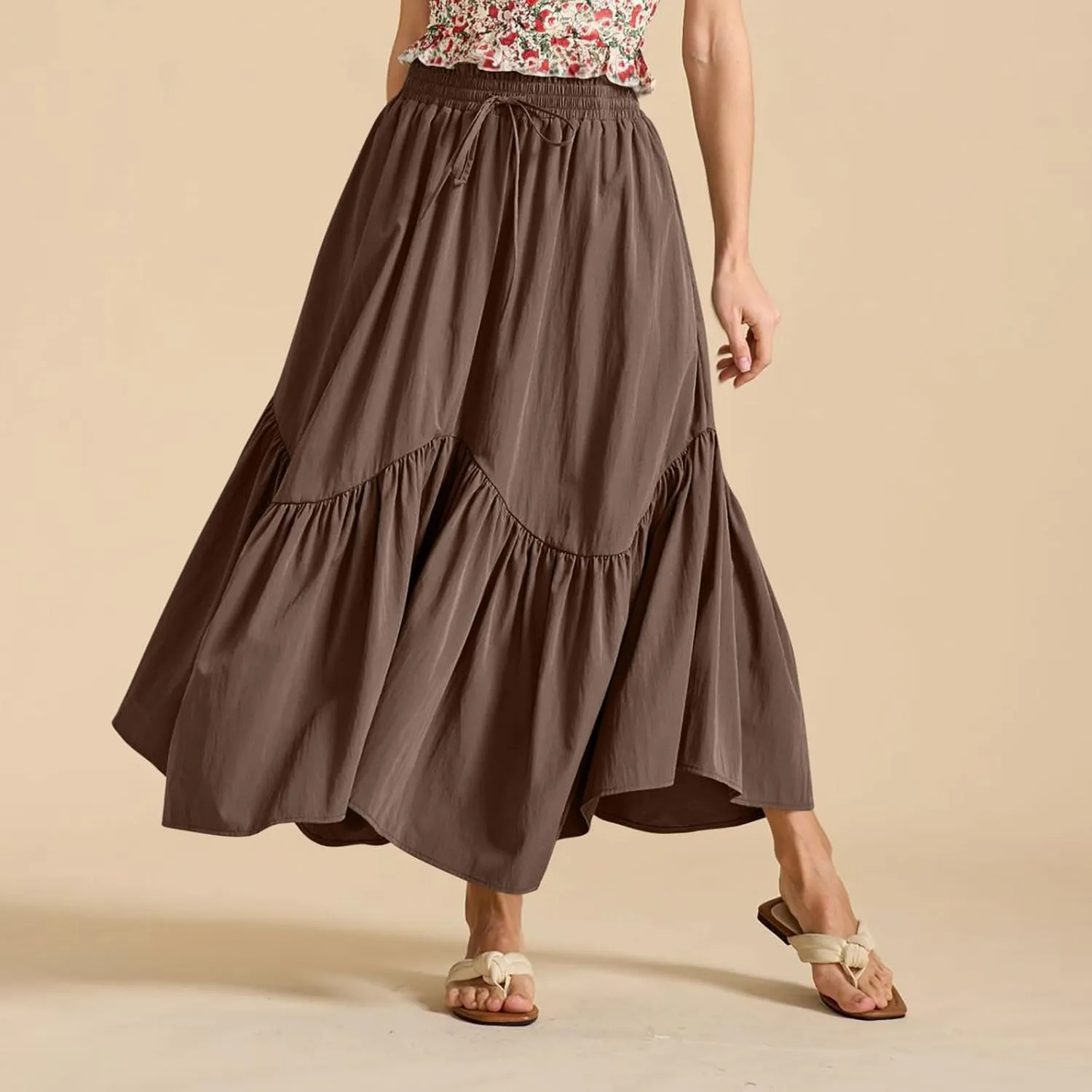 Womens Summer Vacation Beach Maxi Skirts Elastic High Waist Tiered Skirt A Line Ruffle Swing Long Dress