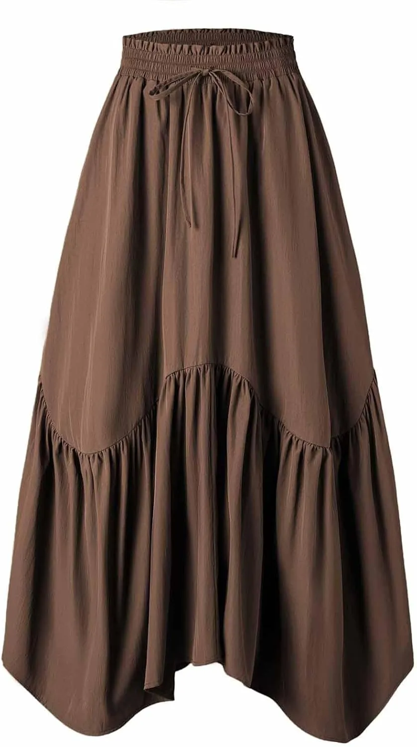 Womens Summer Vacation Beach Maxi Skirts Elastic High Waist Tiered Skirt A Line Ruffle Swing Long Dress