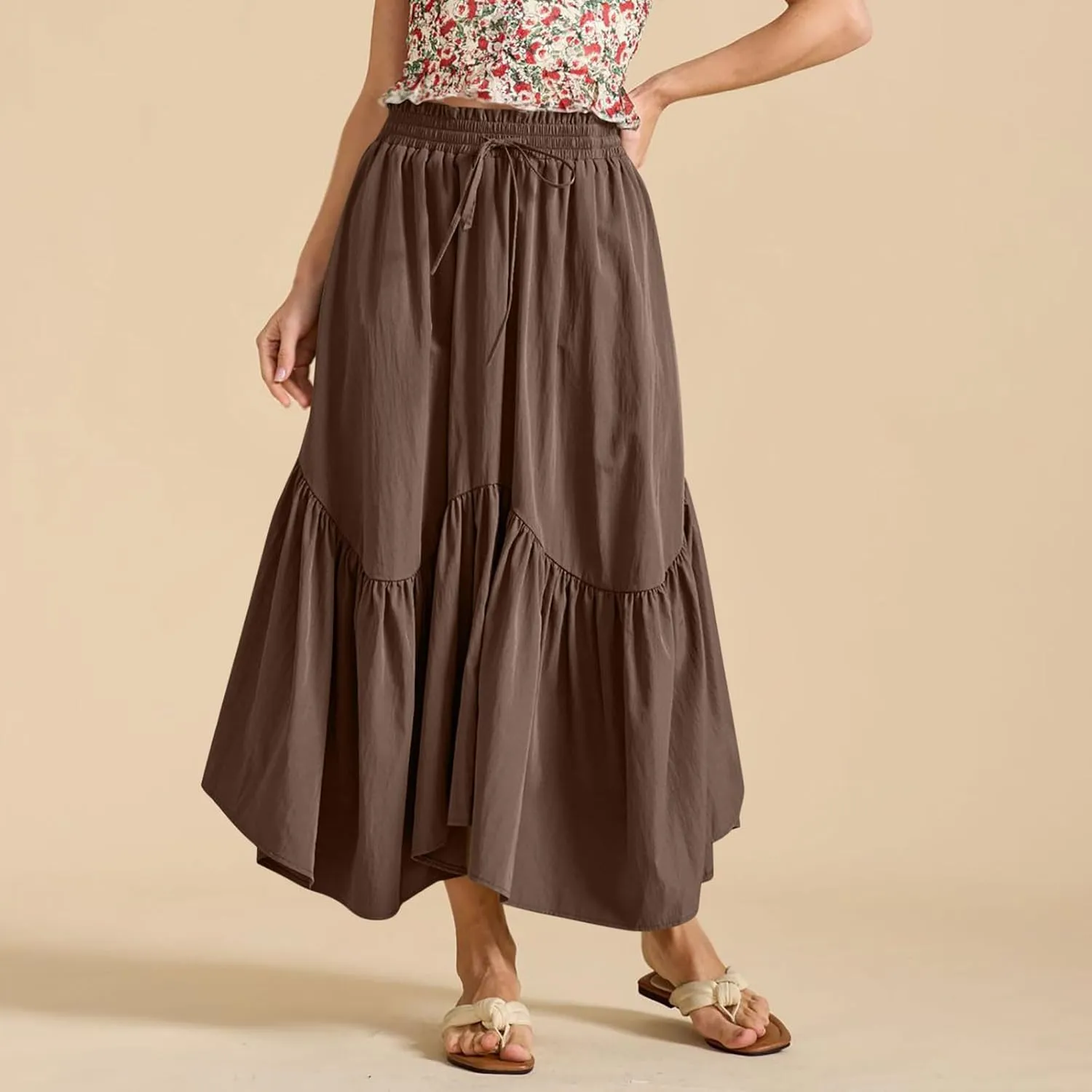 Womens Summer Vacation Beach Maxi Skirts Elastic High Waist Tiered Skirt A Line Ruffle Swing Long Dress