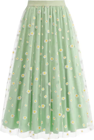 Women's Tulle A-Line Layered Mesh Midi Skirt Fashion Summer Boho Floral Maxi Skirts High Waisted Pleated Long Skirt