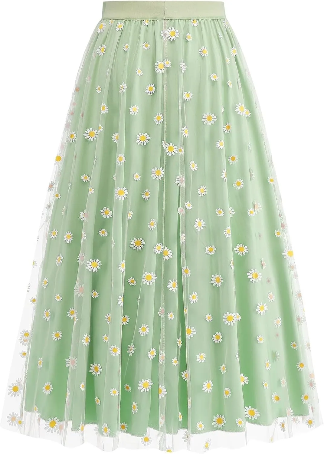 Women's Tulle A-Line Layered Mesh Midi Skirt Fashion Summer Boho Floral Maxi Skirts High Waisted Pleated Long Skirt