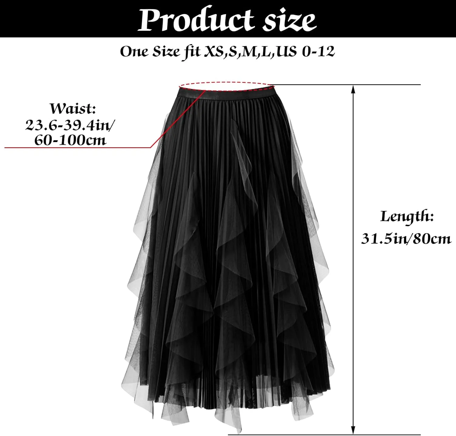Women's Tulle Skirt Formal High Low Asymmetrical A-Line Fairy Elastic Waist Layered Long Midi Skirts
