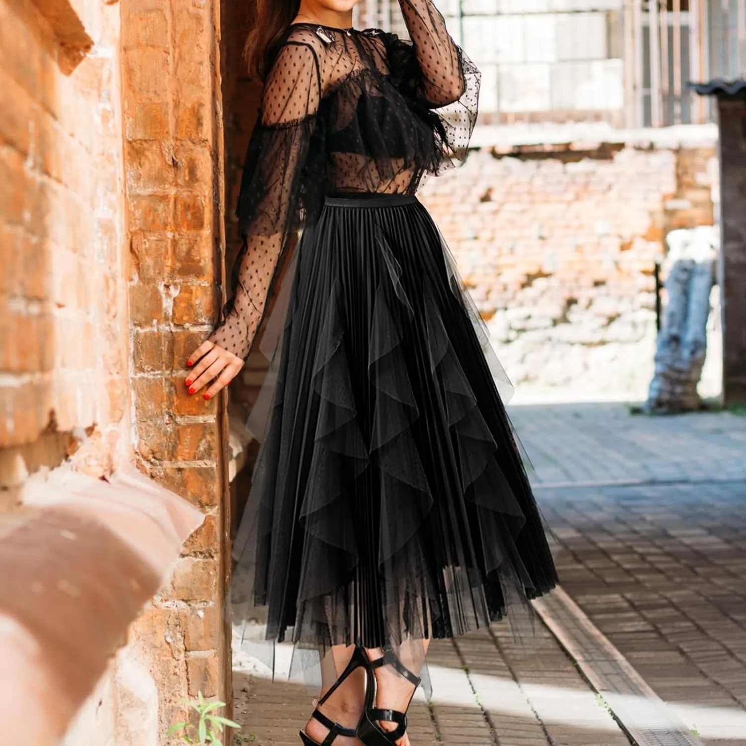 Women's Tulle Skirt Formal High Low Asymmetrical A-Line Fairy Elastic Waist Layered Long Midi Skirts