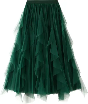 Women's Tulle Skirt Formal High Low Asymmetrical A-Line Fairy Elastic Waist Layered Long Midi Skirts