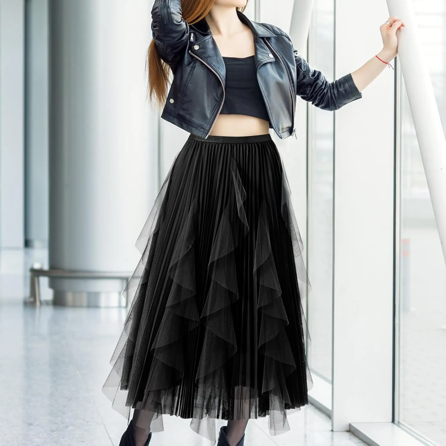 Women's Tulle Skirt Formal High Low Asymmetrical A-Line Fairy Elastic Waist Layered Long Midi Skirts