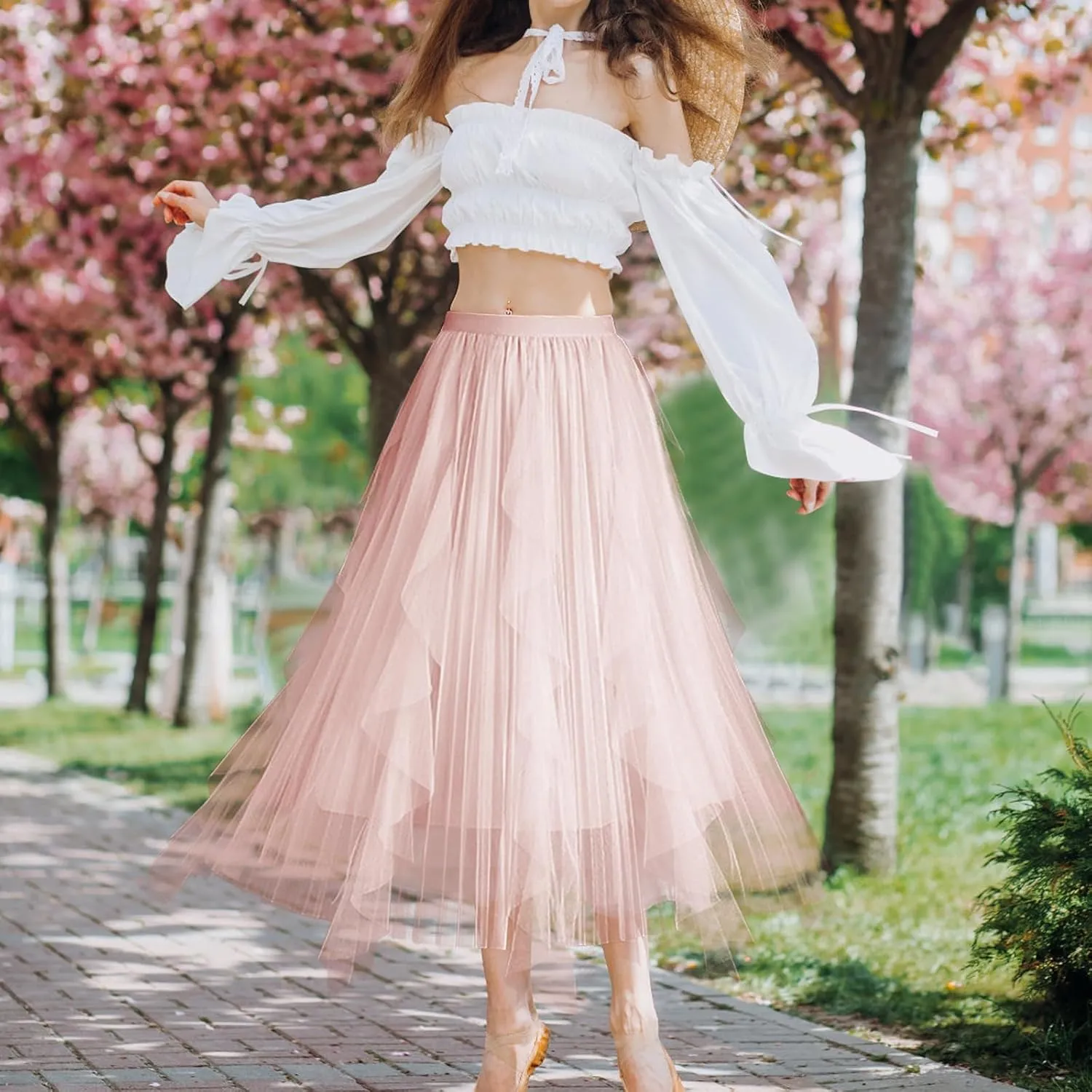 Women's Tulle Skirt Formal High Low Asymmetrical A-Line Fairy Elastic Waist Layered Long Midi Skirts