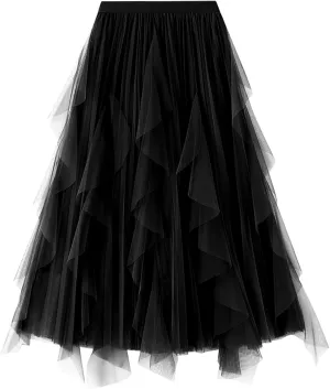 Women's Tulle Skirt Formal High Low Asymmetrical A-Line Fairy Elastic Waist Layered Long Midi Skirts