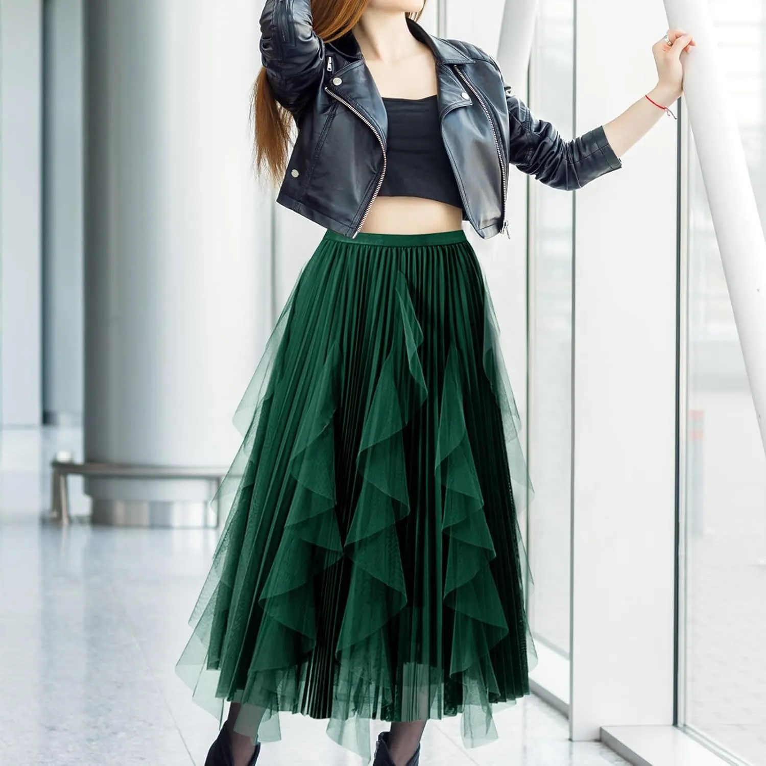 Women's Tulle Skirt Formal High Low Asymmetrical A-Line Fairy Elastic Waist Layered Long Midi Skirts