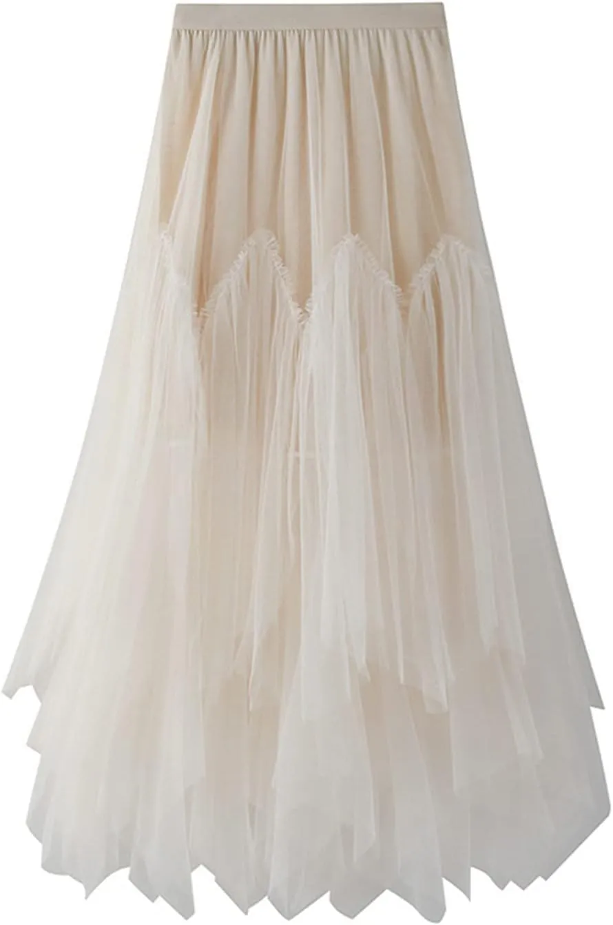 Women's Tulle Skirt Formal High Low Asymmetrical A-Line Fairy Elastic Waist Layered Long Midi Skirts