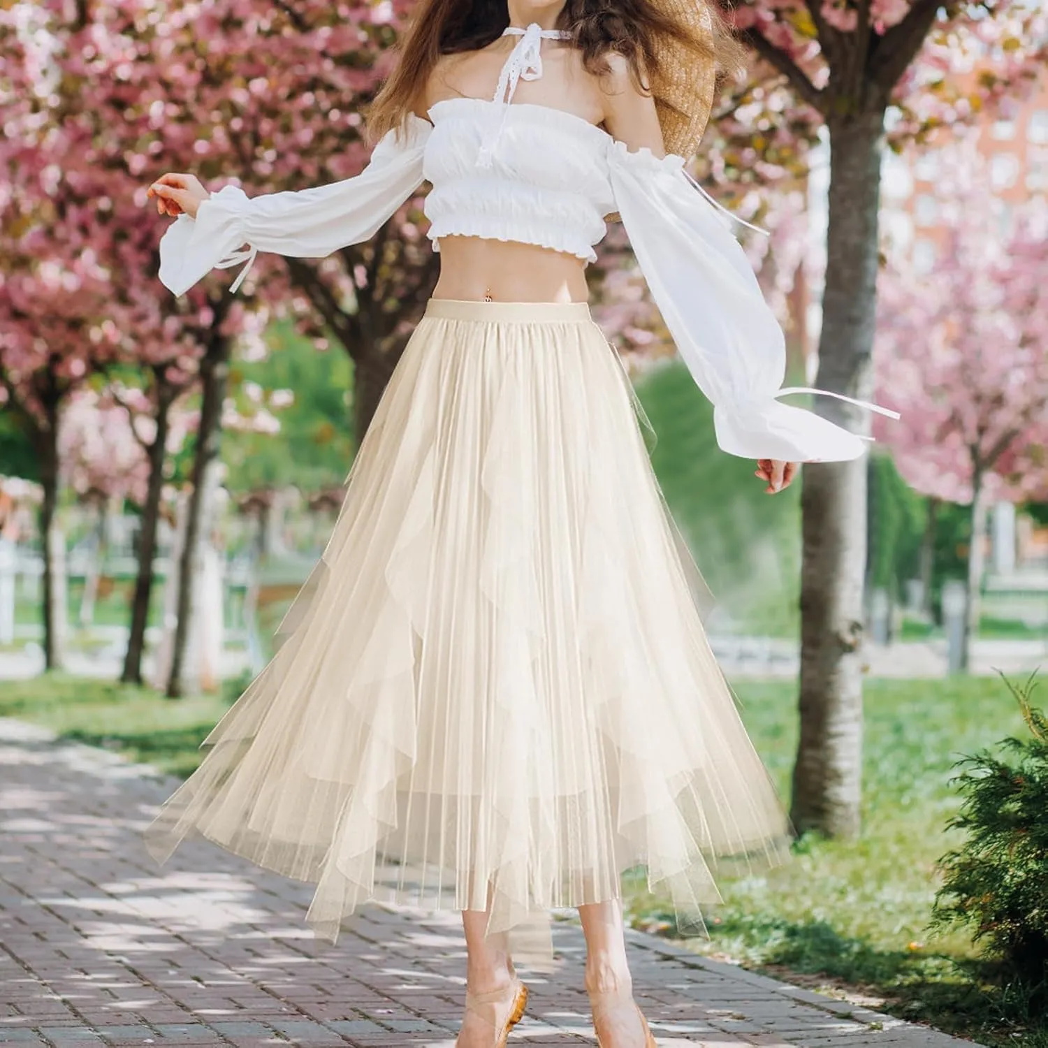 Women's Tulle Skirt Formal High Low Asymmetrical A-Line Fairy Elastic Waist Layered Long Midi Skirts